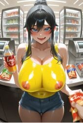 1girls 1other banknote black_hair blue_eyes blush bodypaint bottle brand_name_imitation breasts cameltoe cash_register censored chinese_commentary collarbone commentary_request commission convenience_store counter cup_ramen denim denim_shorts doritos exhibitionism female hand_up highres indoors large_breasts lay's lay's_(potato_chips) long_hair looking_at_viewer money naked_paint nipples nude open_mouth original painted_clothes pixiv_commission ponytail pov public public_indecency shop short_shorts shorts smile solo_focus sweat thigh_gap upper_body wallet wavy_mouth