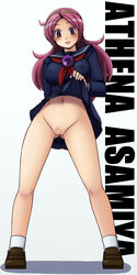 athena_asamiya blush breasts censored character_name cryptobiosis erect_nipples female female_only hairband human innie_pussy king_of_fighters large_breasts navel no_panties open_mouth pink_hair psycho_soldier purple_eyes pussy skirt skirt_lift smile solo standing tsumitani_daisuke uniform