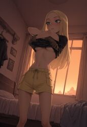 2024 ai_generated bed bedroom blonde_hair blue_eyes breasts dc dc_comics female gloves lifting_shirt mardjak midriff navel room shirt shorts solo standing sunset tagme tara_markov teen_titans terra_(dc) underboob undressing warner_brothers window