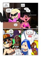 1boy 2025 6girls bedroom_eyes big_breasts big_man_(splatoon) black_crop_top black_eyelashes black_hair black_mask blue_eyebrows blue_hair blue_shawl boots both_eyes_closed breasts callie_(splatoon) cephalopod cephalopod_humanoid comic_cover comic_panel crop_top crown dark-skinned_female dark_skin deep_cut_(splatoon) digital_drawing_(artwork) digital_media_(artwork) earrings female frye_(splatoon) frye_onaga glasses glasses_on_face green_hair grey_hair hair_over_eye hair_over_one_eye hand_covering_mouth headband headgear headphones headwear hi_res holding_controller holding_object holding_phone left_4_dead_2 legs_up light-skinned_female light_hair light_skin long_hair looking_at_partner male manta_ray marie_(splatoon) marina_(splatoon) marina_ida medium_hair multicolored_hair nintendo now_or_never_seven off_the_hook_(splatoon) open_mouth open_smile page_6 pearl_(splatoon) pearl_houzuki pink_hair purple_hair red_eyes sharp_teeth shiver_(splatoon) shiver_hohojiro short_hair smiling speech_bubble splatoon splatoon_(series) splatoon_2 splatoon_3 squid_sisters squid_sisters_(splatoon) sunglasses sunglasses_on_head tansau tentacle tentacle_hair text text_box text_bubble thick_thighs two-tone_hair video_games whispering white_crop_top yellow_eyebrows yellow_eyelashes yellow_eyes yellow_hair yellow_pupils yellow_shirt