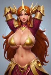 ai_assisted arms_up breasts_bigger_than_head brown_eyes brown_hair female huge_breasts league_of_legends league_of_legends:_wild_rift leona_(league_of_legends) light-skinned_female long_hair looking_at_viewer ready_to_fuck riot_games seductive smile solo wide_hips