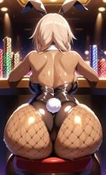 1girls ai_generated ass ass ass_focus back back_view backboob big_ass big_breasts bunny bunny_costume bunny_ear bunny_ears bunny_girl bunny_tail bunnysuit butt_focus casino fishnet fishnet_legwear fishnet_stockings fishnets ftggtgg huge_ass huge_breasts large_ass large_breasts playboy_bunny sitting sitting_on_chair solo solo_female solo_focus wet white_hair