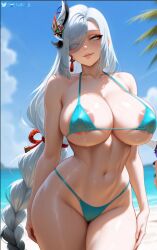 1girls ai_generated beach bikini blue_eyes breasts censored convenient_censoring female genshin_impact hair_over_one_eye hi_res huge_breasts light-skinned_female light_skin long_hair nude_female outdoors shenhe_(genshin_impact) thick_thighs water wet white_hair