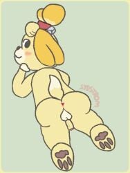 3:4 animal_crossing anthro anus balls bell bell_collar blush canid canine canis collar digital_drawing_(artwork) digital_media_(artwork) dipstick_tail domestic_dog erection flat_colors foreskin ftm_crossgender fur genitals hair hair_bun hi_res humanoid_genitalia humanoid_penis isabelle_(animal_crossing) lying male mammal markings nintendo nude on_front pawpads penis presenting presenting_anus presenting_penis rule_63 shih_tzu simple_background smile smiling_at_viewer smirk smirking_at_viewer solo sydstrom tail tail_markings toy_dog y_anus yellow_body yellow_ears yellow_fur