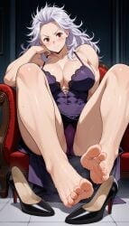 big_breasts blush dorohedoro foot_fetish footwear muscular_female noi pandemonick purple_dress red_eyes shoes_removed sweatdrop sweaty_feet white_hair