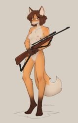 427deer anthro blush breasts brown_hair canid canine female fluffy fluffy_tail fur genitals gun hair hi_res looking_at_viewer mammal orange_body orange_fur pussy ranged_weapon rifle small_breasts solo tail thin_calves thin_legs thin_thighs weapon