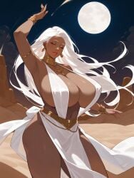 1girls ai_generated breasts closed_eyes dancer dancer_outfit dancing dark-skinned_female dark_skin female female_only huge_breasts jewelry jjockey long_hair moon navel original solo solo_female white_hair