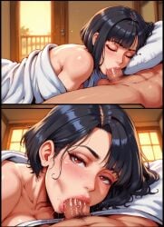 :>= black_hair blowjob deepthroat ellen_joe female hotload-8 red_eyes short_hair zenless_zone_zero