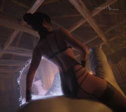 3d1viner ass back_view black_hair bra female garter_belt garter_straps light-skinned_female lingerie solo stockings the_witcher_(series) the_witcher_3:_wild_hunt unicorn yennefer