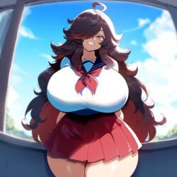 ai_generated amber_eyes ameanon big_breasts dark_hair female school_uniform schoolgirl sorceress sorceress_sophia thick_ass thick_thighs two_tone_hair villainess witch