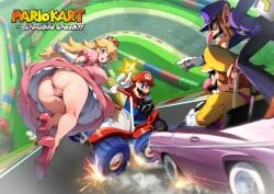 1girls 3boys ai_generated armwear ass blonde_hair blue_eyes blue_overalls car clothing crown dat_ass dress ear_piercing facial_hair fat_ass female gloves go_kart hat high_heels holding_bar long_hair looking_at_another male mario mario_(series) mario_kart mario_kart_double_dash nintendo open_mouth panties pink_dress pointing pointy_ears princess princess_peach purple_hat purple_shirt red_hat red_shirt royalty shirt sparks star voluptuous voluptuous_female waluigi wario white_armwear white_gloves