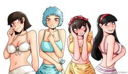 4girls absurd_res absurdres amagi_yukiko big_breasts bikini black_hair blue_hair blush breasts brown_hair embarrassed female female_only fuuka_yamagishi hi_res highres large_breasts lineup long_hair maki_sonomura makoto_niijima megami_tensei multiple_girls persona persona_1 persona_3 persona_4 persona_5 priestess_arcana red_eyes short_hair smiling swimsuit trait_connection tuteheavy watermark yamagishi_fuuka