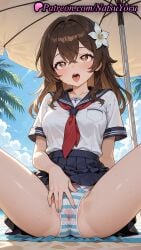 1girls ahe_gao ai_generated anime anime_style asian bangs beach black_sailor_collar black_skirt blue_nails blue_sailor_collar blue_skirt blue_sky blush breast_pocket breasts brown_eyes brown_hair bust busty busty_breasts cameltoe cloud crossed_bangs day female female_focus female_masturbation female_only flower hair_between_eyes hair_flower hair_ornament heart heart-shaped_pupils long_hair looking_at_viewer nail_polish natsuyoru neckerchief open_mouth original original_character outdoors palm_tree panties pantsu pleated_skirt pussy red_neckerchief sailor_collar sailor_uniform saliva school_uniform serafuku shirt short_sleeves sitting skirt skirt_lift sky solo solo_female spread_legs spread_pussy spread_pussy_under_clothes striped striped_clothes striped_pussy sweat symbol-shaped_pupils thighs tongue tongue_out towel tree umbrella underwear upper_teeth_only voluptuous voluptuous_female wet wet_clothes white_flower white_shirt