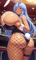 1girls ai_generated ass ass_focus back backboob big_ass big_breasts blue_hair blush bunny bunny_costume bunny_ear bunny_ears bunny_girl bunny_tail bunnysuit butt_focus casino cum cum_on_breasts cute female fishnet fishnet_legwear fishnet_stockings fishnets ftggtgg happy huge_ass huge_breasts large_ass large_breasts open_mouth playboy_bunny sitting sitting_on_chair smile smiling solo solo_female solo_focus wet yellow_eyes