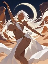 1girls ai_generated breasts closed_eyes dancer dancer_outfit dancing dark-skinned_female dark_skin female female_only huge_breasts jewelry jjockey long_hair moon navel original solo solo_female white_hair