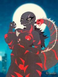 absurd_res anthro breasts claws digital_media_(artwork) female genitals godzilla godzilla_(series) hi_res humanoid irgramfox kaiju looking_at_viewer mammal monster muto_(godzilla) nipples nude reptile scalie sharp_teeth shin_godzilla simple_background smile solo tail teeth toho