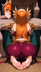 blowjob blowjob_face cuckold cuckold_pov foot_fetish footwear humiliation league_of_legends leona netorare orange_hair pandemonick queen_of_spades red_hair sweaty_feet