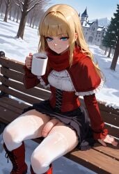 1futa ai_generated balls bench blonde_hair blue_eyes corset flaccid from_above futa_only futanari hime_cut hot_chocolate jamesbron legwear long_hair mug no_panties penis scarf sitting small_breasts smile smug solo solo_futa stockings white_legwear white_stockings winter