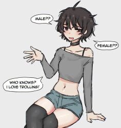 bra_strap crop_top dark_hair femboy fully_clothed meme thigh_highs