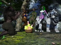 3d_(artwork) absurd_res areola armor ass basket big_breasts big_butt biped boots breasts canid canine chadotexas cleavage clothed clothing colored_skin container curvy_figure dark_body dark_skin digital_media_(artwork) elemental_creature elf featureless_breasts felid female feral flora_fauna food footwear forest fur genitals gesture gloves grass green_body green_eyes green_hair green_skin hair handwear hi_res hooves horn humanoid kneeling long_hair male mammal mount nature nude outside pantherine plant pointy_ears purple_body purple_skin satyr scenery shoes smile suggestive suggestive_gesture thick_thighs tiger tree wide_hips