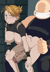 ambiguous_consent ass ass_grab blonde_hair breasts buttjob dubious_consent female from_behind frottage fullmetal_alchemist gluttony_(fullmetal_alchemist) human imminent_penetration imminent_sex large_breasts male nipples penis questionable_consent riza_hawkeye shirt_lift straight t-shirt tribadism_on_penis ttrop wink wristband yellow_eyes