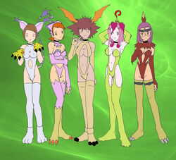 5girls biyomon biyomon_(cosplay) breasts clothes color cosplay digimon digimon_(cosplay) digimon_adventure female female_only front_view gatomon gatomon_(cosplay) glasses gloves godofchaos green_background hawkmon hawkmon_(cosplay) hikari_yagami human jun_motomiya mimi_tachikawa miyako_inoue multiple_females palmon palmon_(cosplay) patamon patamon_(cosplay) purple_hair sora_takenouchi standing tailmon tailmon_(cosplay) toei_animation