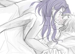 fate/zero fate_(series) kissing lancelot_(fate) lying male_only matou_kariya on_bed sketch spread_legs yaoi