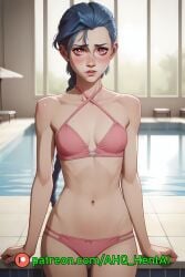 1girls ahq_hentai ai_generated arcane bikini blue_hair blush cute jinx_(league_of_legends) league_of_legends patreon perfect_body pink_bikini pink_eyes poolside small_breasts stable_diffusion standing