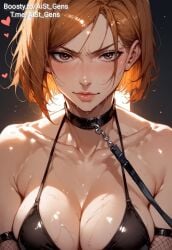 ai_generated aist_ big_breasts brown_eyes brown_hair choker heart jujutsu_kaisen kugisaki_nobara leash looking_at_viewer orange_eyes orange_hair sweat wet