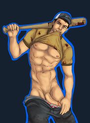 1boy abs baseball_bat clothed colored ellis flaccid human left_4_dead_2 male male_only muscular muscular_male penis presenting_penis pulling_down_pants schizoid solo toned toned_male