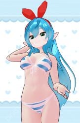 bikini blue_hair elf elf_ears elf_female elf_girl female green_eyes keisha_callie striped_bikini striped_panties tagme virtual_youtuber vtuber