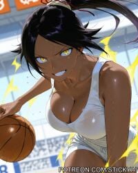 1girls ai_generated anime basketball bleach breasts fit golden_eyes long_hair nsfw purple_hair shihouin_yoruichi yellow_eyes