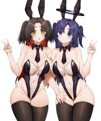 2girls absurdres animal_ears ass_visible_through_thighs azur_lane bare_shoulders black_hair black_leotard black_necktie black_thighhighs blue_archive breasts colored_inner_hair commentary_request cosplay covered_navel crossover fake_animal_ears ghosty_(xiaobai) halo hand_up highres huge_breasts leotard long_hair looking_at_viewer multicolored_hair multiple_girls necktie official_alternate_costume parted_bangs parted_lips playboy_bunny purple_hair pussy rabbit_ears red_hair red_pupils see-through_clothes see-through_leotard simple_background skindentation slit_pupils thighhighs two_side_up v white_background yellow_eyes yuuka_(blue_archive) z52_(azur_lane) z52_(azur_lane)_(cosplay) z52_(the_rapid_rabbit)_(azur_lane)