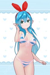 bikini blue_hair elf elf_ears elf_female elf_girl female green_eyes keisha_callie striped_bikini striped_panties tagme virtual_youtuber vtuber