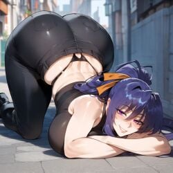 1girls ai_generated akeno_himejima all_fours alley alleyway ass bangs bare_shoulders bent_over black_hair black_panties blue_hair blush breasts building city cleavage clothing curvaceous curvaceous_female curvaceous_figure curvy curvy_figure denim female female female_focus female_only footwear from_behind grin hair_between_eyes hair_ornament hair_ribbon high_ponytail high_school_dxd highleg himejima_akeno huge_ass huge_breasts indoors inviting inviting_to_sex large_breasts long_hair looking_at_viewer looking_back miyuai outdoors pants ponytail presenting presenting_ass presenting_hindquarters presenting_self public purple_eyes purple_hair ribbon road seductive seductive_look seductive_smile shiny_skin shirt shoes sidelocks sleeveless smile solo street thick_thighs thighs thong tied_hair tight top-down_bottom-up underwear very_long_hair voluptuous voluptuous_female