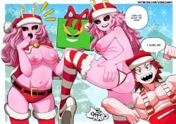 1boy 1girls all_might ashido_mina black_sclera breasts christmas christmas_clothing christmas_headwear christmas_lingerie christmas_outfit christmas_present dialogue eijirou_kirishima english_text female high_heels horns kirishima_eijirou long_hair male male/female mina_ashido muscular muscular_male my_hero_academia my_hero_academia_(finale) nude panties pink_body pink_hair post-timeskip red_hair santa_hat sonchapo speech_bubble straight thighhighs thong