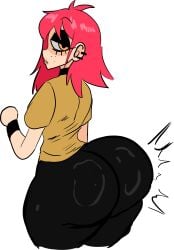 armband big_butt black_eyeshadow ear_piercing fully_clothed impact_lines lemonadepikachu neckwear oc original original_character red_hair redhead_female sam_(lemonadepikachu) tired tired_eyes tired_look yellow_shirt