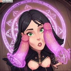 ai_generated black_hair blowjob breasts claudia_(the_dragon_prince) disembodied_penis floating_penis goth green_eyes magic magic_penis mammal netflix penis penis_on_cheek penis_on_face the_dragon_prince themerchant69 topless