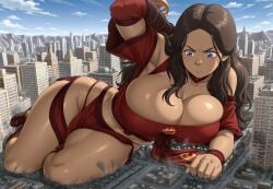1girls ai_generated avatar_the_last_airbender big_breasts breasts city clothed clothed_female dark-skinned_female dark_skin female female_focus female_only fire_nation fire_nation_clothing giantess giga_giantess katara large_boobs large_breasts looking_away memesrus1234 nickelodeon nicktoons on_knees solo solo_female solo_focus thick_thighs thighs