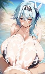 1boy 1girls ai_generated beach big_breasts bikini blue_hair breasts_bigger_than_head cum cum_explosion engulfing_paizuri enormous_breasts eula_(genshin_impact) excessive_cum genshin_impact gigantic_breasts hair_between_eyes hair_ornament headband headwear hoyoverse huge_breasts hyper_breasts large_breasts massive_breasts mihoyo paizuri paizuri_lead_by_female sea seaside swimsuit water wet yellow_eyes