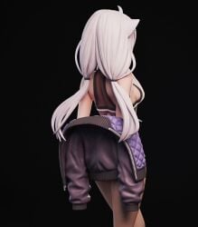 animal_ears ass back bare_shoulders black_background breasts facing_away female from_behind gradient gradient_background jacket long_hair low_twintails medium_breasts pants simple_background sleeveless solo squchan_(vtuber) standing virtual_youtuber vyugen white_hair