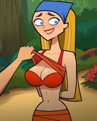 ai_generated bandana big_breasts blonde_hair blue_eyes bra embarrassed lifting_shirt lindsay_(tdi) long_hair small_waist sole_female total_drama_island undressing