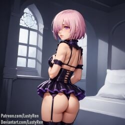 ai_generated arm_garter arms_behind_head ass bare_shoulders black_legwear black_panties breasts cowboy_shot eyebrows_visible_through_hair fate/grand_order fate_(series) female from_behind garter_straps hair_over_one_eye indoors lingerie looking_at_viewer looking_back lustyren mash_kyrielight medium_breasts panties pillow purple_eyes short_hair solo standing thighhighs thong underwear