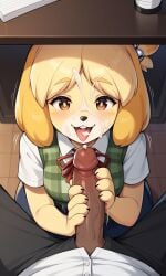 1boy 1girls ai_generated animal_crossing animal_crossing_new_horizons both_hands_on_cock canine climax cum cum_on_face cumshot dark-skinned_male dog_ears dog_girl dog_tail female handjob isabelle_(animal_crossing) large_penis ndsilver059 nintendo office_lady office_sex penis pov secretary sex tagme tom_nook under_the_table yellow_fur