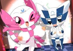 2020_tokyo_olympics 2girls ambiguous_gender big_breasts blue_eyes breasts cape lets0020 mascot miraitowa olympics someity tagme