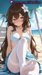 1girls ai_generated anime anime_style arm_support asian bangs bare_arms bare_shoulders beach beach_umbrella bikini bikini_top_only blue_bra blue_nails blue_skirt blue_sky blush bow_bra bra breasts brown_eyes brown_hair bust busty cleavage closed_mouth cloud collarbone day feet female female_focus female_only flower foot_fetish foot_focus foot_out_of_frame hair_between_eyes hair_flaps hair_flower hair_ornament knee_up leg_up legs long_hair looking_at_viewer makeup medium_breasts miniskirt nail_polish natsuyoru no_shirt no_shoes nose_blush ocean original original_character outdoors palm_tree panties panties_under_pantyhose pantyhose pleated_skirt pov_feet presenting_foot sheer_legwear sitting skirt sky smile soles solo solo_female striped striped_bikini striped_bra striped_clothes swimsuit thighband_pantyhose thighs toenail_polish toenails toes tree umbrella underwear very_long_hair voluptuous voluptuous_female white_flower white_pantyhose