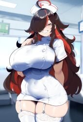 ai_generated amber_eyes ameanon big_breasts dark_hair female nurse sorceress sorceress_sophia thick_ass thick_thighs two_tone_hair villainess witch