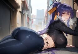 1girls ai_generated akeno_himejima alley alleyway ass bangs black_pants black_shirt black_sweater blue_pants blush breasts breath clothing curvaceous curvaceous_female curvaceous_figure curvy curvy_figure denim female female female_focus female_only hair_between_eyes hair_ornament hair_ribbon heavy_breathing high_ponytail high_school_dxd himejima_akeno huge_ass huge_breasts indoors inviting inviting_to_sex jacket jeans large_breasts long_hair long_sleeves looking_at_viewer looking_back lying midriff miyuai on_stomach outdoors pants parted_lips ponytail presenting presenting_ass presenting_hindquarters presenting_self public purple_eyes purple_hair ribbon seductive seductive_look seductive_smile shiny_skin shirt side-tie_panties sidelocks smile solo sweater thick_thighs thighs tied_hair underwear very_long_hair voluptuous voluptuous_female