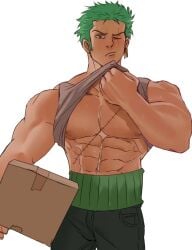 1boy abs bara bara_body bara_tiddies bara_tits barazoku beefy bigger_male box broad_shoulders defined_muscles earrings eight_pack exibitionism frown frowning_at_viewer gay green_hair half_nude handsome handsome_man holding_box holding_object hunk japanese_male larger_male lifting_shirt looking_at_viewer male male_focus manly masculine_male muscles muscular muscular_male no_visible_genitalia one_piece pecs pecs_bigger_than_head pectorals pirate post-timeskip roronoa_zoro scar scar_across_eye scar_on_chest scar_on_face scars shirt_lift solo solo_focus solo_male tall_male taller_male tough_guy unknown_artist yaoi