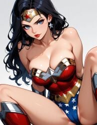 1girls ai_generated black_hair blue_eyes bracelet breasts cameltoe dc dc_comics long_hair looking_at_viewer open_mouth simple_background slim_waist solo thick_thighs thighs wide_hips wonder_woman wonder_woman_(series)